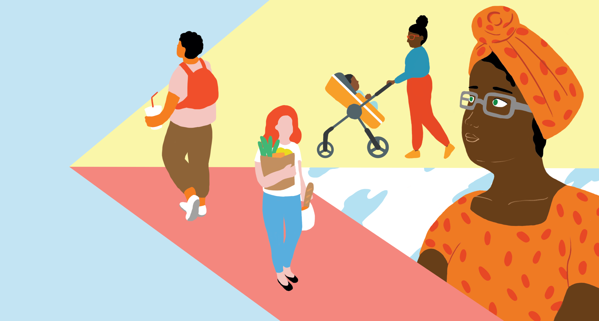 Illustration that was extracted from the cover of the Health System Scenerios publication. The drawing features a diverse group of people, including a mother and child, a person with groceries, person with a drink and backpack and a woman in the foreground wearing a head wrap.