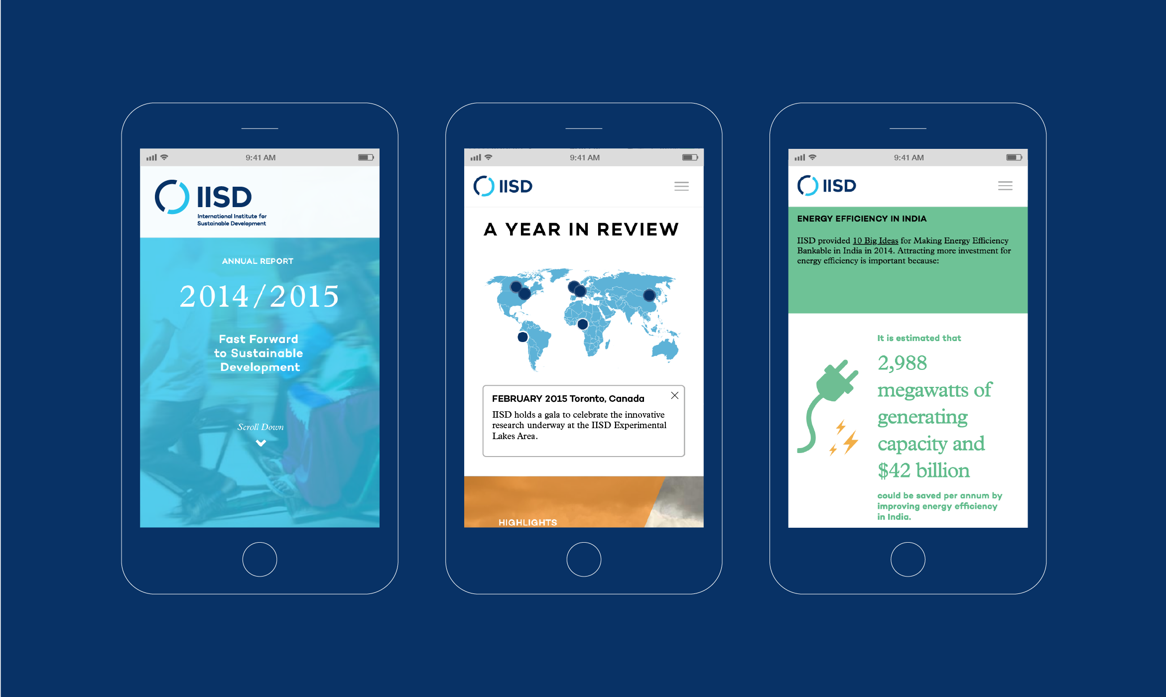 Three mobile phone screens each showing different stages of IISD's Annual Report webpage as it is scrolled down.
