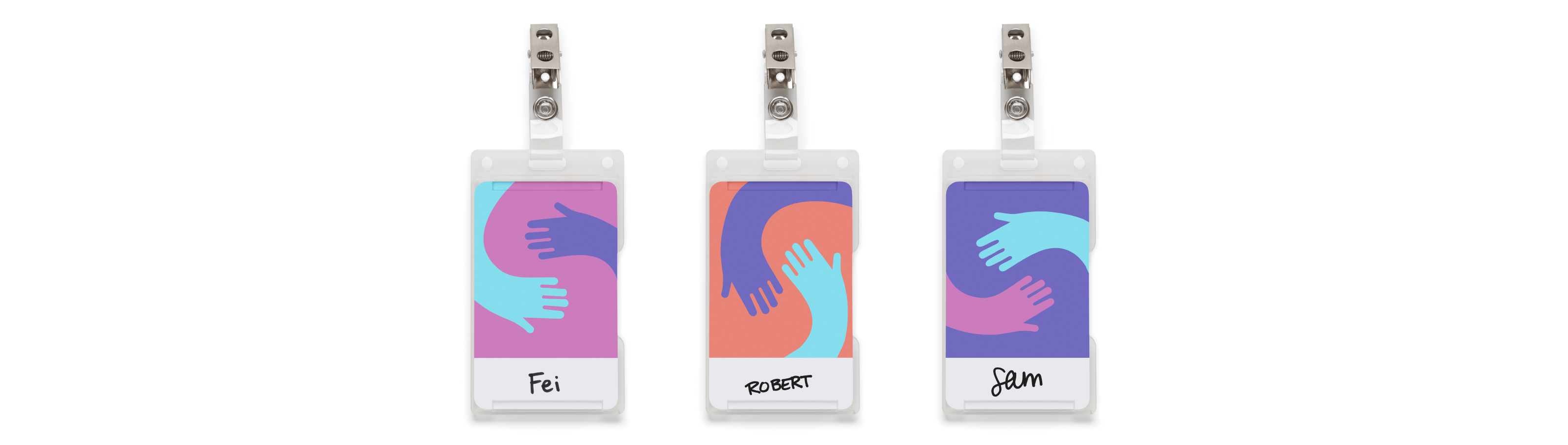 Name tag examples that show use of the hand illustrations.