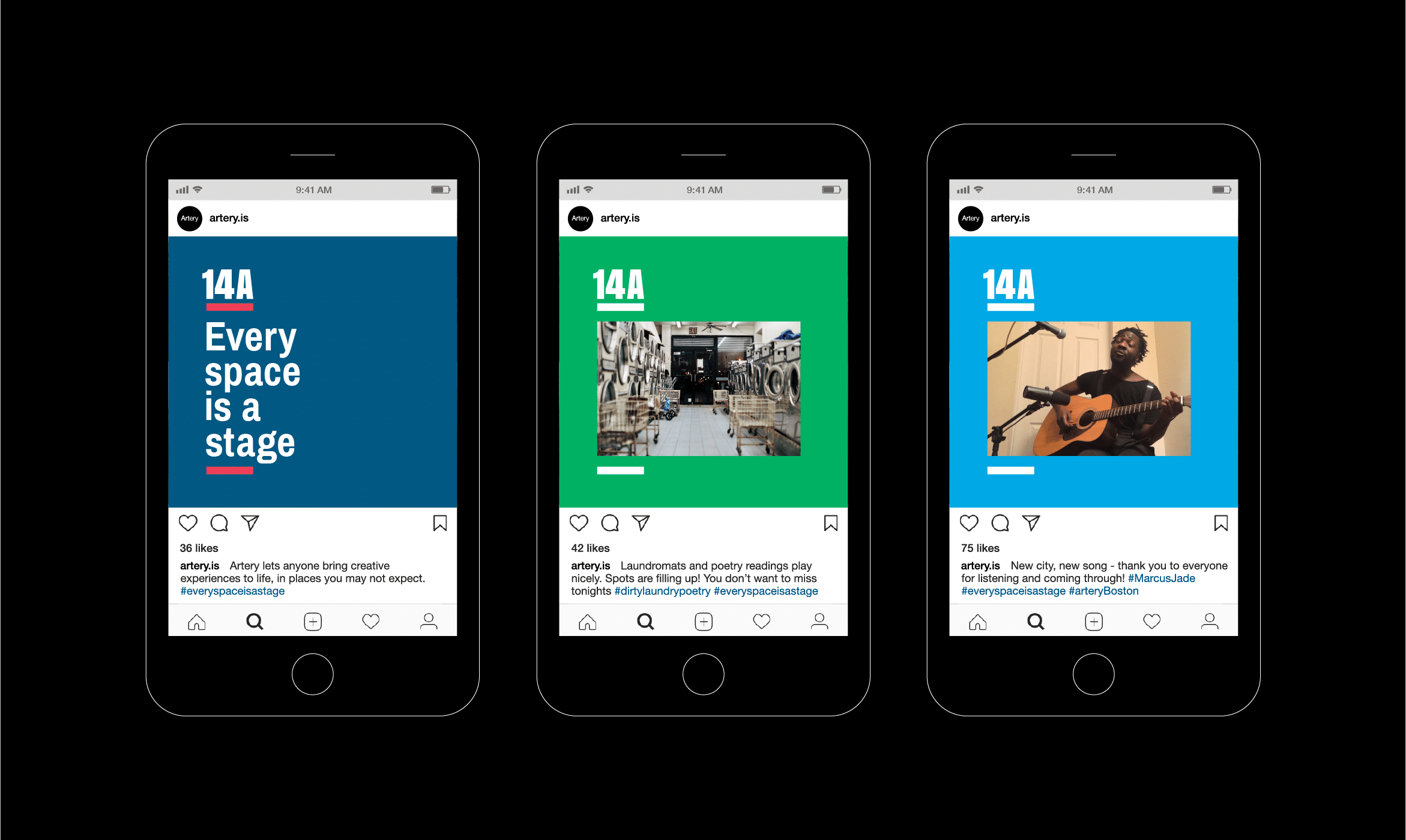 Three mobile phone screens each showing a different Instagram social media post to highlight the messaging and dynamic 14A visual identity as a space for hosts and performers.